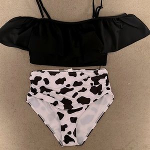 Bathing suit, from SHEIN, women’s medium, black ruffled top, cow print bottoms